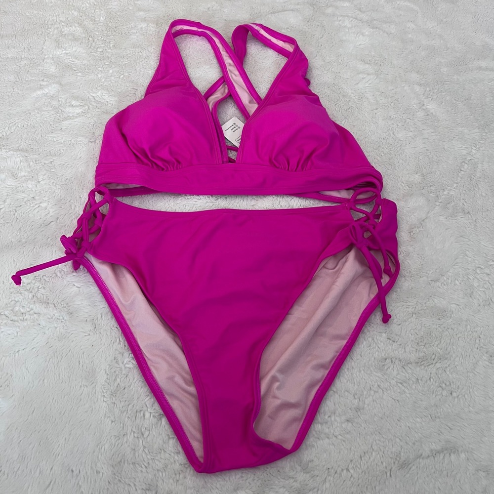 Cupshe Women's Fuchsia Pink Bikini Set High Waisted Side Tie Size Large NWT